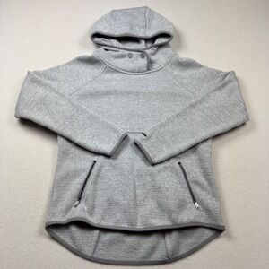 prAna‎ Women's Hoodie Pullover Sweater Gray M Funnel Neck Thumbholes Zip Pockets